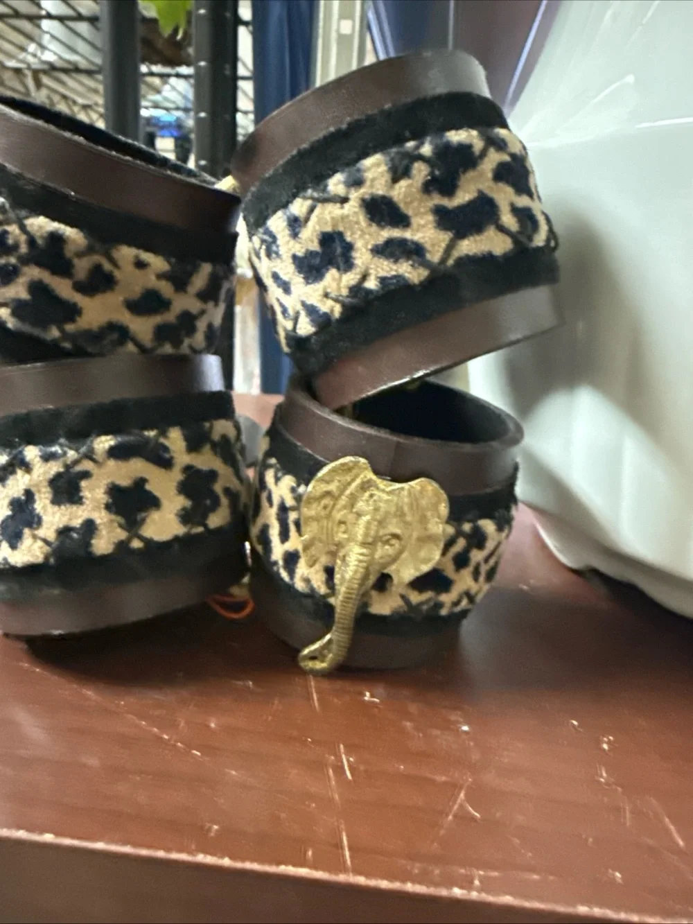 VTG Elephant Napkin Holder Rings Leopard Funky Made In India Set Of 4 Vintage